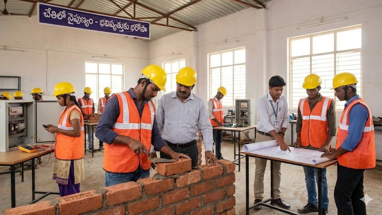 Telangana unemployed youth receiving construction skill development training with safety gear.